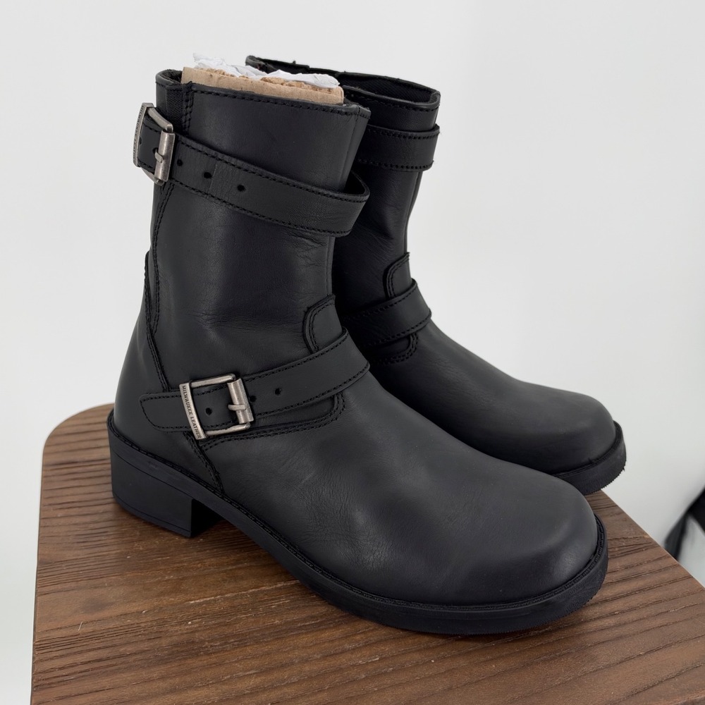 Milwaukee Leather Engineer Biker Boots Youth 5.5 / Women 6.5/7 Black Buckle Zip